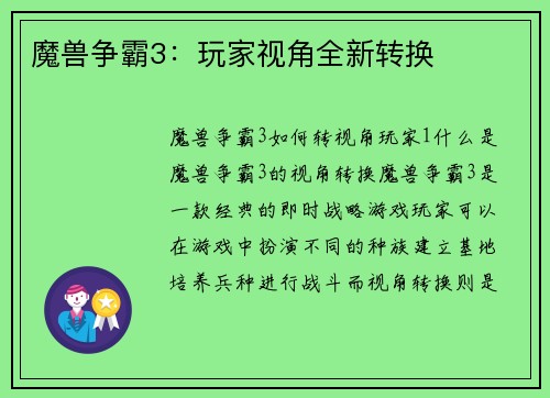 魔兽争霸3：玩家视角全新转换